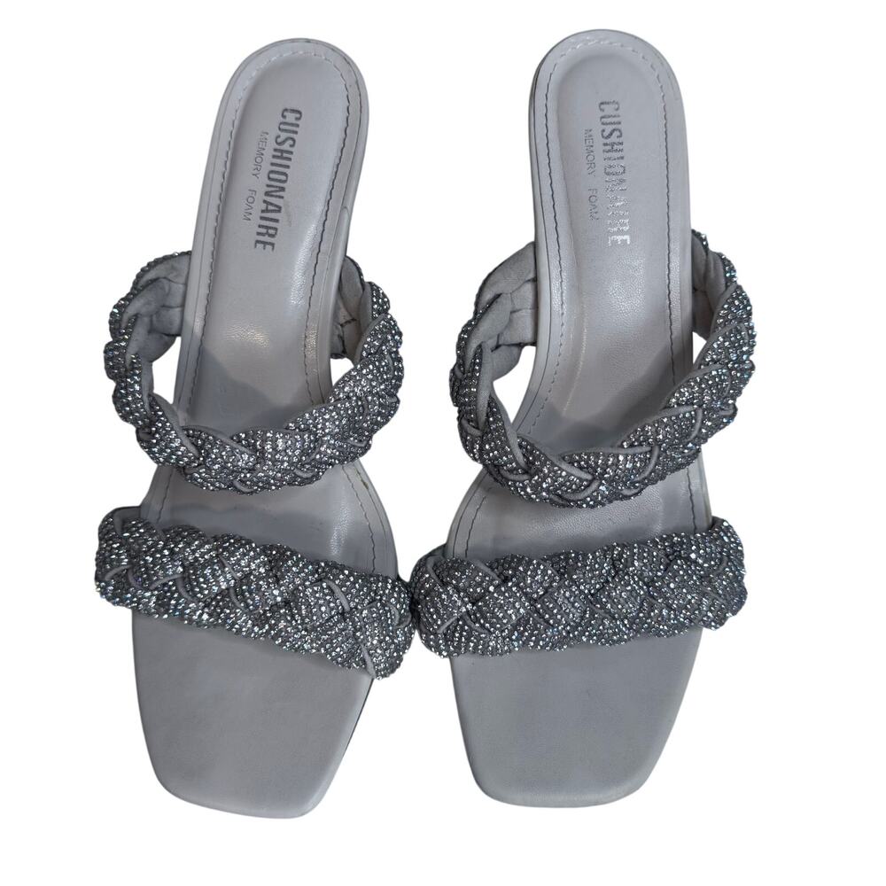 Cushionaire Party Silver Rhinestone Braided Kitten Heels Sandals Square Toe Sz 9